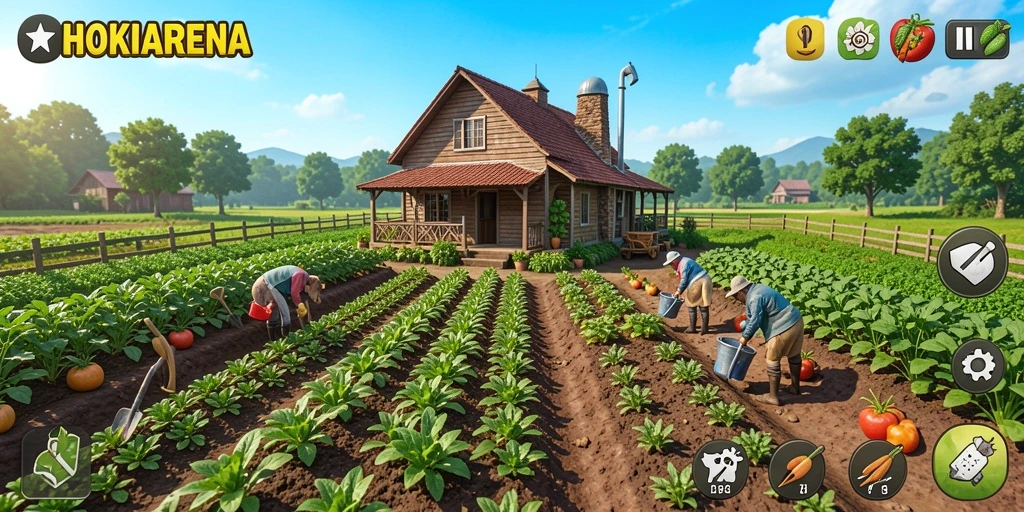 Screenshot gameplay HOKIARENA menampilkan aktivitas bertani yang seru.