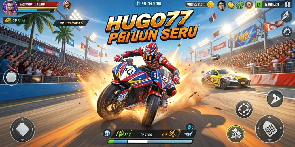 Tampilan HUGO77 dengan aksi balapan mendebarkan di lintasan.