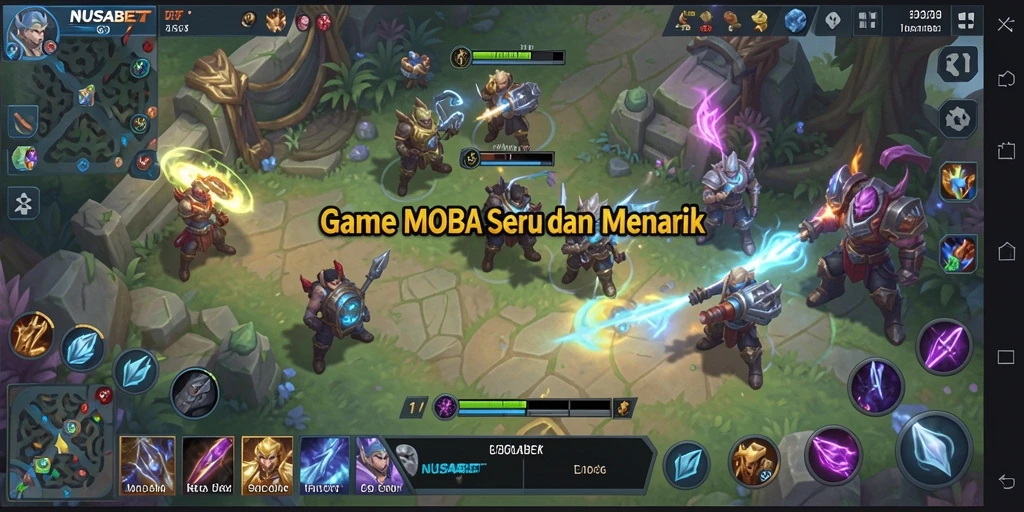 Gameplay seru NUSABET dalam pertempuran tim MOBA.